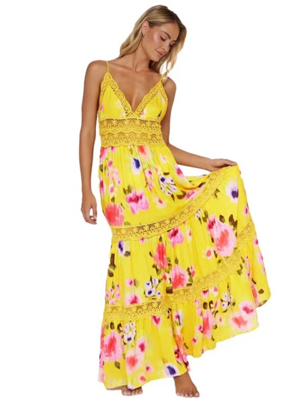 PQ Swim Yellow Floral Lace-Trim Maxi Dress